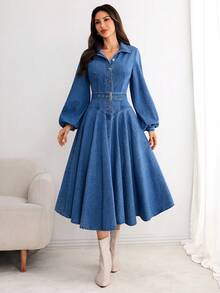Selianne 女士优雅休闲牛仔连衣裙 - 藍色 - 查看 1
