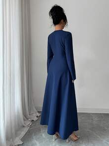 Rafferiza 优雅优雅宴会圆领长袖收腰A字珍珠装饰雪纺透视连衣裙，秋冬