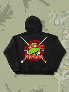 ROMWE MEN TEENAGE MUTANT NINJA TURTLES X ROMWE Felpa con cappuccio casual da uomo con chiusura lampo e motivo a cartoni animati, colore nero, adatta per autunno/inverno