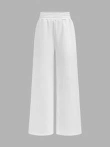 Girlism 少女白色针织宽松直筒口袋运动裤，休闲运动，简约家居服，秋冬 - 白色 - 查看 5