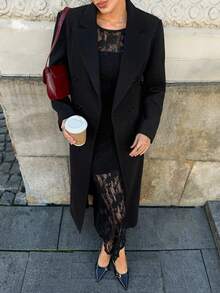 Lavishia Long Lapel Button Pocket Black Woolen Coat Fall Winter New Year Christmas Elegant - Black - View 6