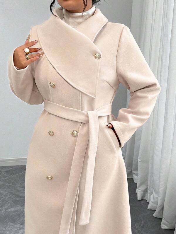 Elenzga Plus Size Women's Solid Color Tie Waist Double-Breasted Long Sleeve Elegant High-Quality Romantic Long Woolen Coat Beige Coat Winter Coat Women Neutral Coat Women Trench Coat Classic Women Coat Winter Autumn Fall