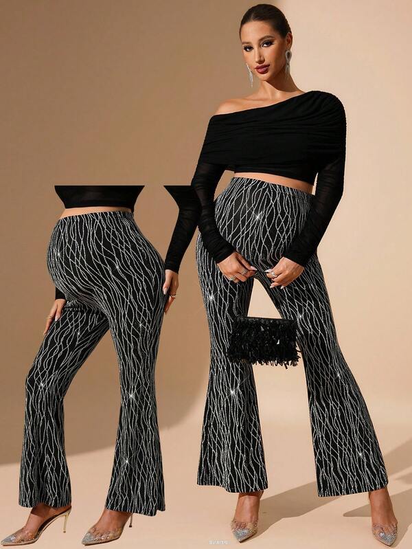 MaterniChic Pantalones acampanados con estampado total y cintura ajustable para mujeres embarazadas