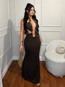 SHEIN SXY 性感夜店镂空咖啡棕色连衣裙 - 咖啡棕 - 查看 3