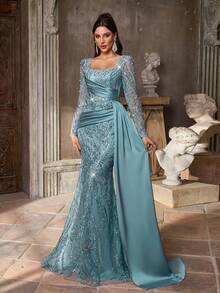 Váy dạ hội đuôi cá bằng vải satin mỏng, cổ vuông, tay dài, đính ngọc trai và sequin sang trọng, thanh lịch, phù hợp cho mọi dịp trang trọng, váy dạ hội - Màu xanh bụi bặm - Xem 5