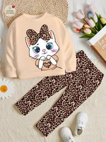 SHEIN 2 件套年轻女孩休闲可爱搞笑卡通猫和复古豹纹图案圆领长袖运动衫和紧身裤，适合秋冬季 - 彩色 - 查看 2