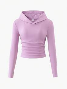 Genkimix Kids Girls Minimalist High Stretch Ribbed Soft Fabric Hooded Crop Top T-Shirt And Matching Flare Pants Set, Purple, Autumn - Purple - View 3