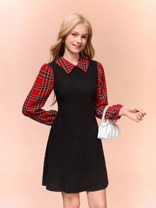 少女休闲针织拉绒罗纹格子拼布高领长袖紧身迷你连衣裙，优雅适合外出和聚会，适合娇小女性 - 黑色 - 查看 5