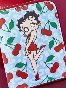 Betty Boop x SHEIN 1 件可爱卡通性感豹纹樱桃印花拉链 PU 皮革短钱包，风琴式隔层，卡位收纳，适合女性，俏皮可爱，送礼佳品，派对、节日、情人节适用 - 彩色 - 查看 5