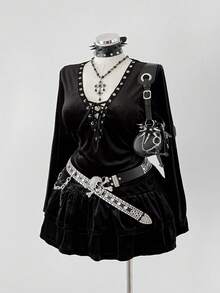 Sunspun Plus Size Dark Gothic Style Cross Strap Long Sleeve Top And Skirt 2 Pieces Set - Black - View 4