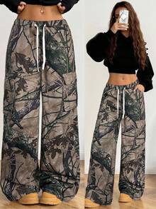 SHEIN Jeans ampi e larghi con vita bassa, stampa leopardata e mimetica, stile casual college americano Y2K per ragazze adolescenti, con fiocco e coulisse in vita, adatti per autunno/inverno, streetwear, rientro a scuola, ritorno a casa, Natale, Ognissanti, pantaloni leopardati - Verde militare - Visualizzare 5