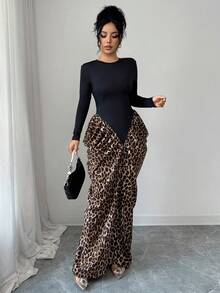 Elenzga 女士黑色针织面料拼布豹纹圆领褶饰腰部优雅连衣裙，适合生日礼物、约会、派对、正式场合、鸡尾酒会、音乐节、独立日、网络星期一、万圣节、单身节、返校派对、平安夜、感恩节、圣诞节、排灯节、秋季连衣裙 - 彩色 - 查看 7