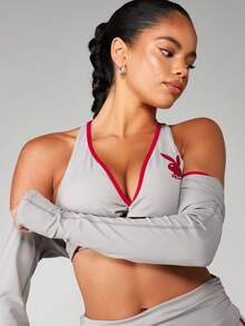 Missguided x Playboy Top corto de manga larga con cuello en V profundo y ribete de contraste, ropa de estar en casa deportiva - Gris - Ver 6