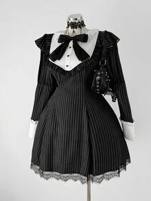 Sunspun 大码羊腿袖拼接荷叶边蝴蝶结撞色拼接A字连衣裙，可爱适合度假、约会、派对 - 黑色 - 查看 5