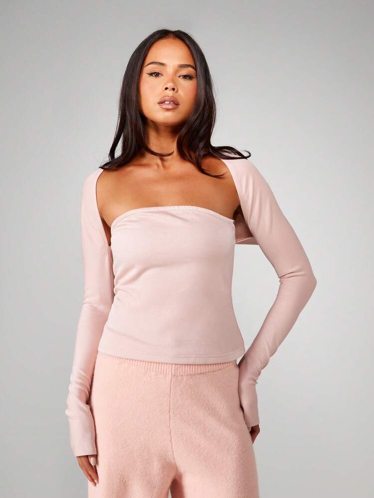 MISSGUIDED Bandeau Strapless Top And Long Sleeve Shrug Lounge Set Matching Outfit Soft Jersey Knit Comfort Wear