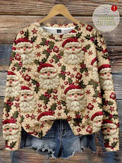 EMERY ROSE Christmas Santa Claus Textured Print Plus Size Sweatshirt For Women, Suitable For Autumn/Winter