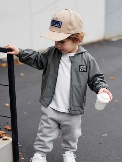 Playful Pals Baby Boy Casual Daily Letter Jacquard Zipper Pocket Hooded Jacket, Suitable For Outdoor Play Or Comfortable Home Wear, Autumn/Winter