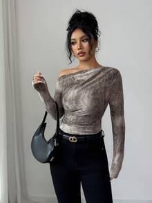 Elenzga Casual Autumn Tie Dye Textured Oblique Shoulder Ruched Long Sleeve Elegant T-Shirt - Brown - View 4