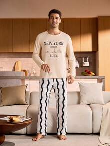 SHEIN Provexi Letter Print Crew Neck Long Sleeve Top & Wavy Pants Men Pajama Set Fall Winter Clothes - Apricot - View 3