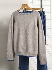 Sparklyn 少女圆领长袖简约优雅灰色百搭百搭毛衣短款灰色毛衣秋冬打底衫2025新款宽松针织套头衫高端节日度假毛衣