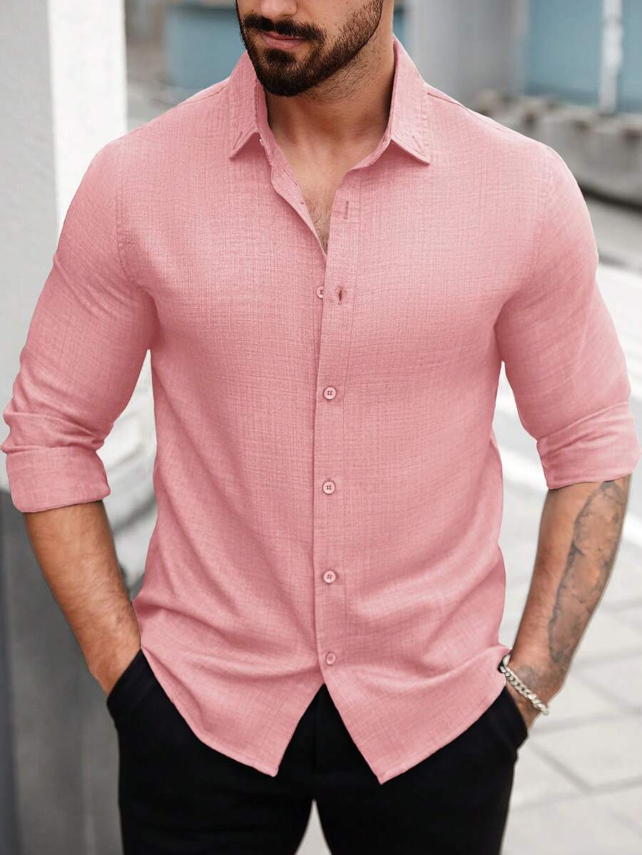 Manfinity Homme 男士純色極簡休閒長袖條紋襯衫 男士紋理襯衫 休閒男士襯衫 男士紋理襯衫 粉色男士襯衫 正式 - 粉色 - 查看 1