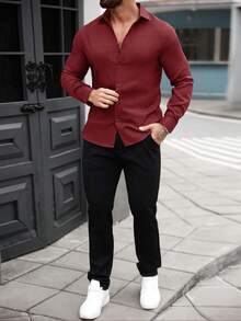 Manfinity Homme 男式纯色休闲前扣长袖条纹衬衫 - 玫瑰紅 - 查看 5