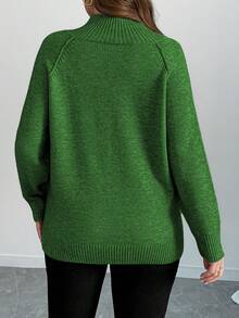 SHEIN LUNE 经典纯色翻领纽扣休闲长袖毛衣，冬季 - 墨綠色 - 查看 2