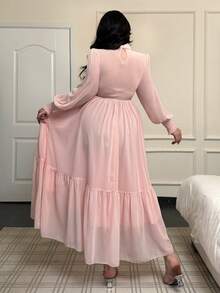 Flirla Váy voan tay đèn lồng nhẹ nhàng, kiểu Pháp ngọt ngào thanh lịch mới, váy ôm eo, váy cưới cho nữ - Hồng - Xem 2