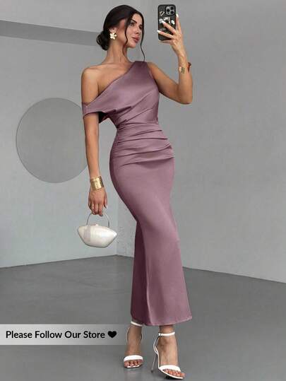 Firerie Women's Champagne Asymmetric Shoulder Satin Fitted Fishtail Dress, Elegant Evening Gown For Formal Occasions, Commute, Graceful, Sexy, Romantic, Date, Wedding Season, Graduation, Performance, Concert