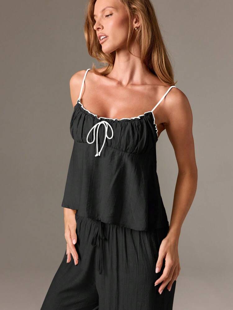 Ruffle Cami Pajama Set With Wide Leg Trousers