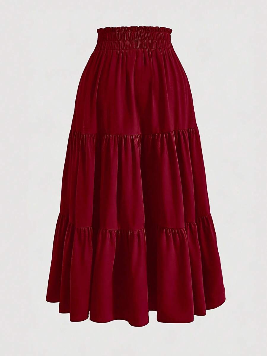 Franclia Valentine Plus Size Women's Solid Color Ruffled Hem Skirt Maxi Women - Burgundy - View 1