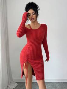 SHEIN Elenzya Anneusta 女士秋冬上衣，适合度假、独立日、劳动节、哥伦布日、感恩节、情人节、街头风、复古风、北欧风、Grunge风、韩版风、休闲装、工作装、教师装、返校季、哥特风、办公室装、商务休闲装、不对称肩部设计、毛衣、连衣裙等场合。 - 咖啡棕 - 查看 3