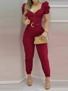 INAWLY Combinaison sans manches à col V sexy et moulante pour femmes, sans ceinture - Rouge foncé - Voir 2