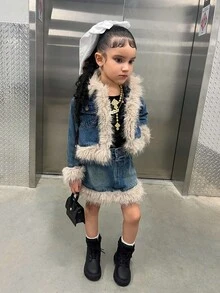 2pcs/Set Young Girl' Y2k Blue Denim Jacket With Furry Trim & Skirt, Autumn/Winter,Plush Fur Suit, Plush Denim Suit,Plush Fur Suit, Plush Denim Suit,Young Girl  Denim Set - Medium Wash - View 2