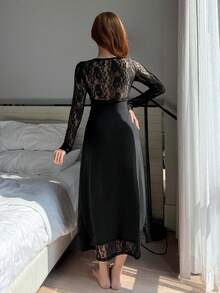 DAZY Nuisette longue pour femmes avec patchwork en dentelle et taille cintrée, pour l'hiver - Noir - Voir 2