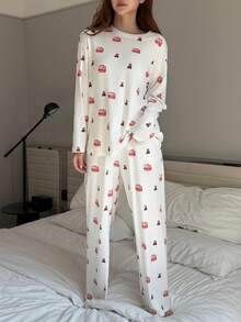DAZY 可爱蛋糕和小熊印花毛绒宽松女式睡衣套装，秋冬季服装 - 白色 - 查看 8