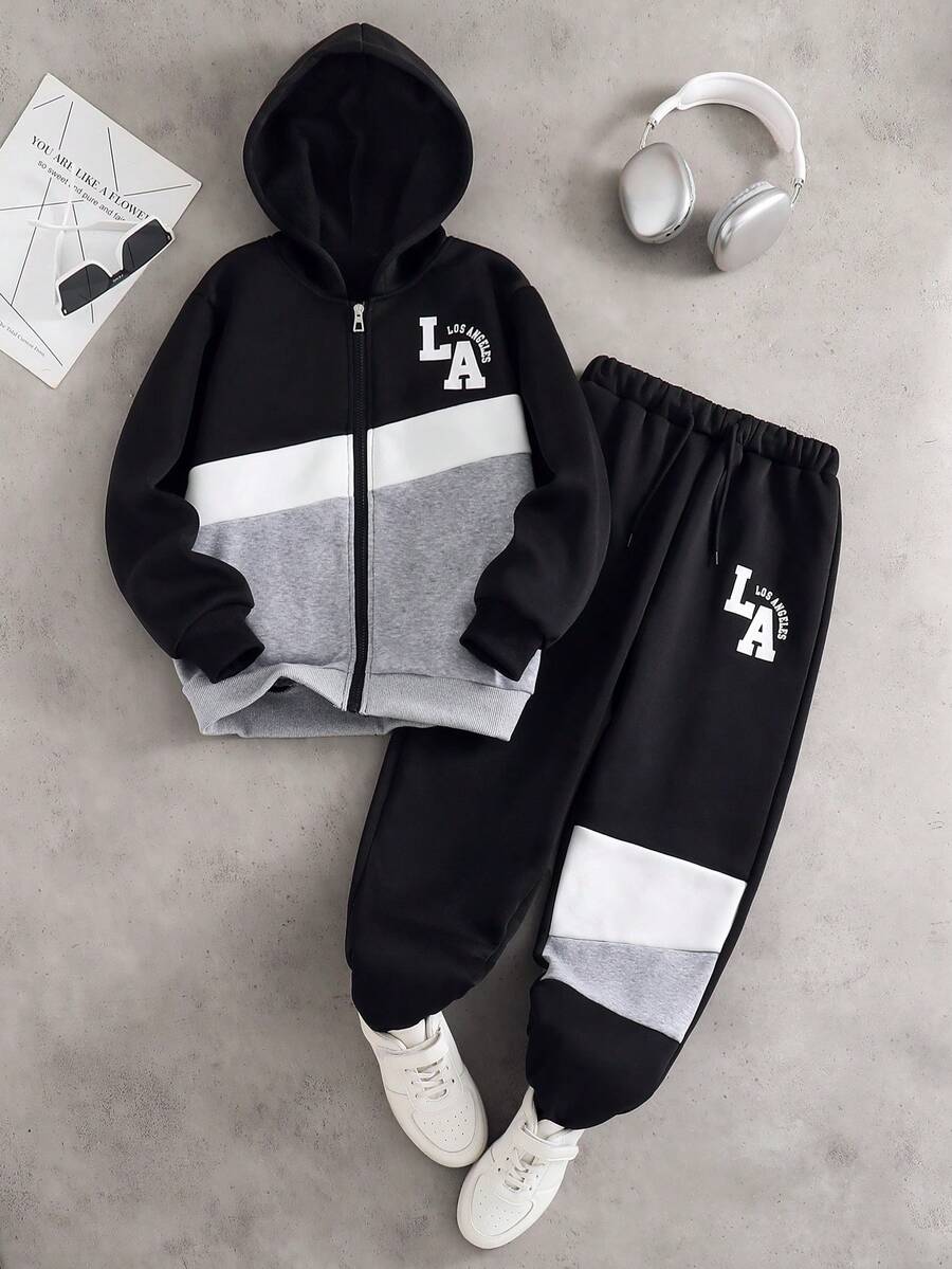 2pcs/Set Teenage Boys' Patchwork Hoodie Jacket And Pants Set, Soft Fabric, Comfortable, Suitable For Autumn/Winter, Outdoor Sports, Casual Outings, School, Versatile Wear - Black and White - View 1