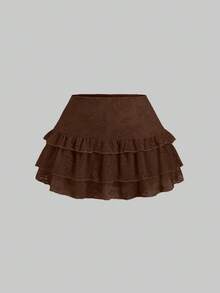 Sweetra 女士浪漫优雅蕾丝荷叶边短裙 - 咖啡棕 - 查看 1