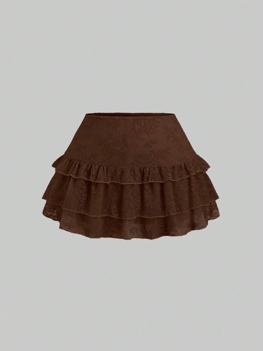 Sweetra 女士浪漫优雅蕾丝荷叶边短裙 - 咖啡棕 - 查看 1