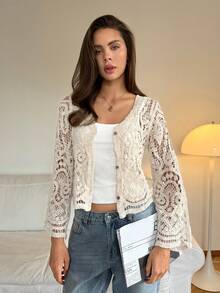 SHEIN Tall 女士度假休闲镂空钩针开衫秋冬装 - 杏色 - 查看 7