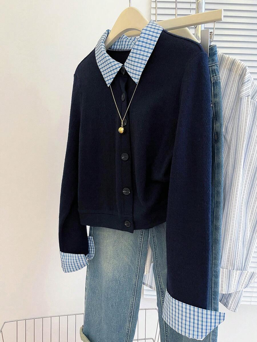SHEIN Franclia 女式格子拼布翻领长袖单排扣休闲夹克，秋季 - 彩色 - 查看 1