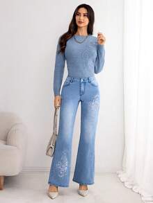 Elenzga 女式刺绣塑形口袋喇叭牛仔裤 - 藍色 - 查看 4