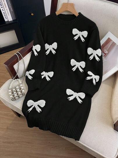 SHEIN 1pc Girls' Sweater Dress, Cute Style, Black Bow Jacquard Pattern, Round Neck, Regular Sleeve, Cuff & Hem Cinched, Regular Thickness, Elegant Knit Dress In Ivory, Intellectual & Flattering Slim Fit, Suitable For Spring, Autumn & Winter Bow Clothes Bows On Clothes Black Sweater With White Bow Print Sweater K Pop Sweater With Bows Black And White Sweater Sumwon Wednesday Addams