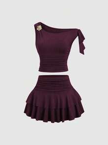 Sweetra 女士夏季古铜色金属花朵装饰吊带背心和褶皱多层迷你裙套装 - 中紫紅色 - 查看 3