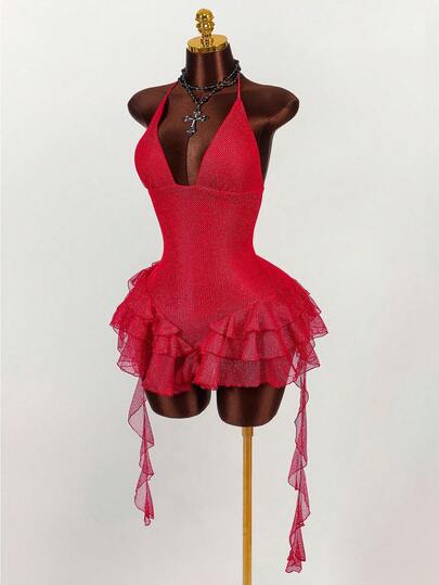 Amplova Women's Fashionable Sexy Halter Neck Ruffle Hem Summer Dress,Party Dresses For Women,Party Dresses For Women,Christmas Party Dress