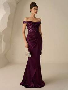 Coutiva Vestido de noche formal de mujer con hombros descubiertos, bajo de cola de pez y parches de lentejuelas elegantes - Rojo violeta - Ver 5