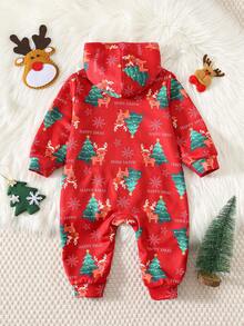 SHEIN 3件套新生儿男女通用圣诞针织卡通图案连帽连体衣，爸爸和我亲子装，婴儿冬季服装 - 彩色 - 查看 2