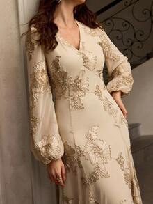 ZEYLAH Váy hoa hở lưng, cổ chữ V, nhún bèo, ôm sát, viền xòe, thu/đông - Màu be - Xem 2