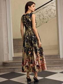 ZEYLAH 女式金属印花腰部喇叭连衣裙，秋冬 - 黑色 - 查看 4