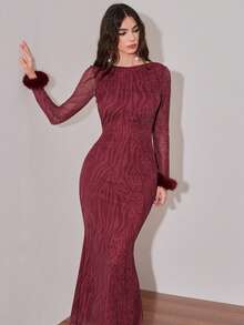 Modelyn 女士时尚圆领插肩袖流苏斑马纹修身中长连衣裙 - 酒紅色 - 查看 5